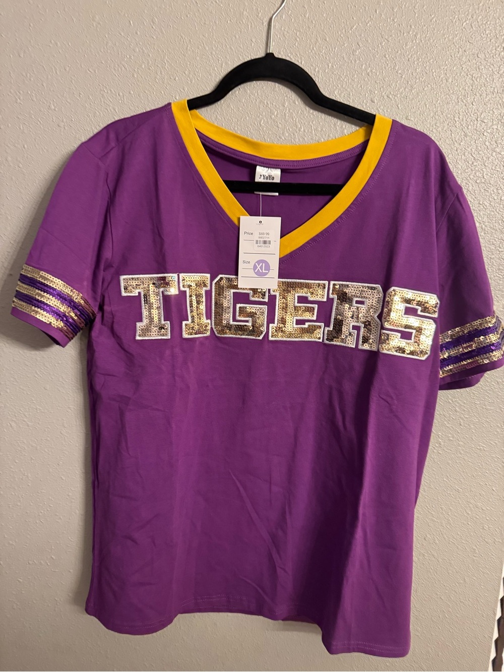 Purple V-Neck Tigers Sequin Tee with Gold Trim
